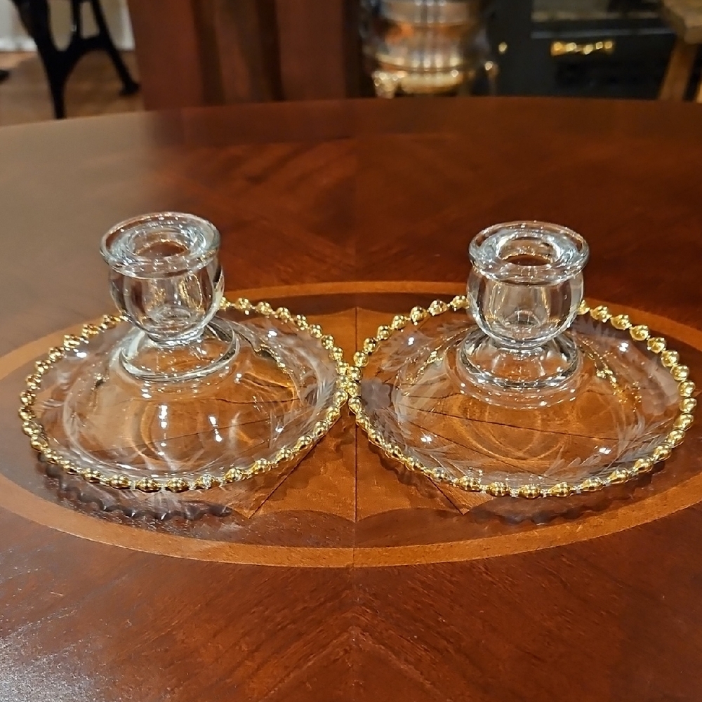 Imperial Glass Candlewick Etched Wheat Gold Trim Taper Candlestick Holders Pair